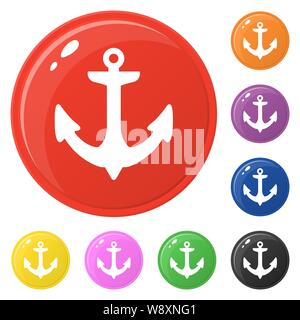 Anchor icons set 8 colors isolated on white. Collection of glossy round colorful buttons. Vector illustration for any design. Stock Vector