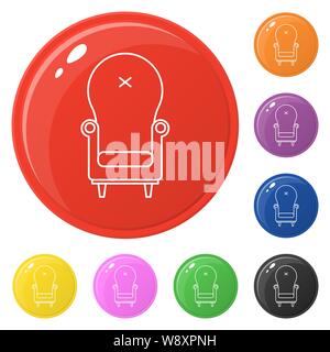 Armchair icon set 8 color isolated on white. Collection of glossy round colorful buttons with armchair. Vector illustration for design, game, web. Stock Vector