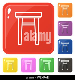 Armchair icon set 8 color isolated on white. Collection of glossy square colorful buttons with armchair. Vector illustration for design, game, web. Stock Vector