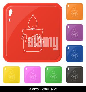 Line style candle icons set 8 colors isolated on white. Collection of glossy square colorful buttons. Vector illustration for any design. Stock Vector