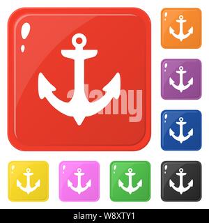Anchor icons set 8 colors isolated on white. Collection of square round colorful buttons. Vector illustration for any design. Stock Vector