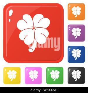 Clover icons set 8 colors isolated on white. Collection of glossy square colorful buttons. Vector illustration for any design. Stock Vector