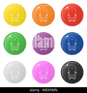 Armchair icon set 9 color isolated on white. Collection of glossy round colorful buttons with armchair. Vector illustration for design, game, web. Stock Vector