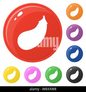 Eggplant icons set 8 colors isolated on white. Collection of glossy round colorful buttons. Vector illustration for any design. Stock Vector