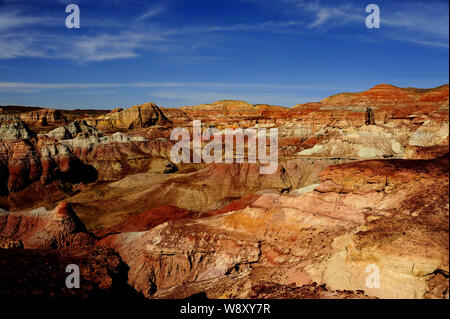 View of colourful Danxia rock formations in Changji, northwest Chinas Xinjiang Uygur Autonomous Region, 9 June 2012. Stock Photo