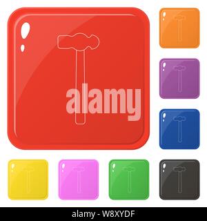 Line style hammer icons set 8 colors isolated on white. Collection of glossy square colorful buttons. Vector illustration for any design. Stock Vector