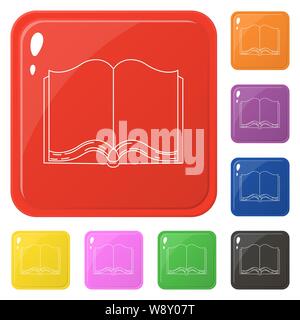 Line style open book icons set 8 colors isolated on white. Collection of glossy square colorful buttons. Vector illustration for any design. Stock Vector