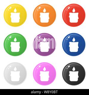 Candle icons set 9 colors isolated on white. Collection of glossy round colorful buttons. Vector illustration for any design. Stock Vector
