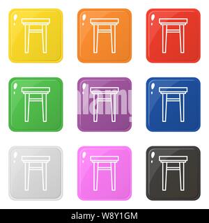 Armchair icon set 9 color isolated on white. Collection of glossy square colorful buttons with armchair. Vector illustration for design, game, web. Stock Vector