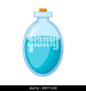 Magic potion in bottle with blue liquid isolated on white background. Chemical or alchemy elixir. Vector illustration for any design. Stock Vector