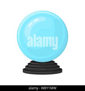Magic fortune telling crystal ball isolated on white background. Blue sphere on black stand. Cartoon style. Vector illustration for any design. Stock Vector