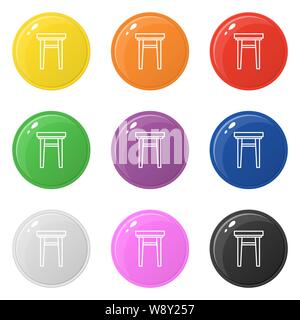 Armchair icon set 9 color isolated on white. Collection of glossy round colorful buttons with armchair. Vector illustration for design, game, web. Stock Vector