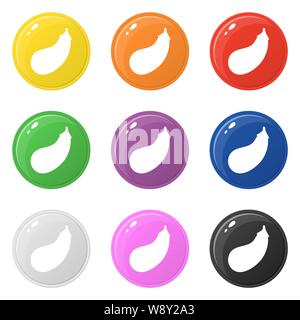 Eggplant icons set 9 colors isolated on white. Collection of glossy round colorful buttons. Vector illustration for any design. Stock Vector