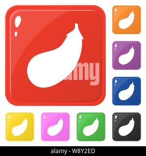 Eggplant icons set 8 colors isolated on white. Collection of glossy square colorful buttons. Vector illustration for any design. Stock Vector
