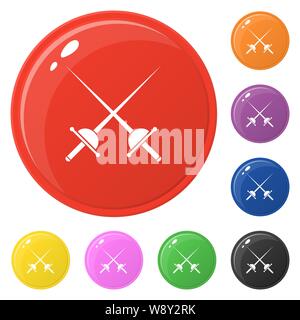 Crossed rapiers icons set 8 colors isolated on white. Fencing concept. Collection of glossy round colorful buttons. Vector illustration for any design Stock Vector