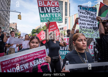 Black Lives Matter alongside faith leaders and activists demand police and political reforms in a march from Harlem to Trump Tower in New York City on Sunday, August 11, 2019. The march included four different stops including Fredrick Douglass Circle, the American Museum of Natural History and Columbus Circle where civil rights activists called for an end of mass incarceration, an end to the oppression of indigenous people across the world, economic exploitation. It commenced with a vigil for Charlottesville and mass shootings at Trump Tower with the demand that politicians investigate and Stock Photo