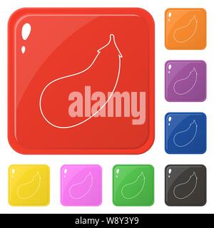 Line style eggplant icons set 8 colors isolated on white. Collection of glossy square colorful buttons. Vector illustration for any design. Stock Vector