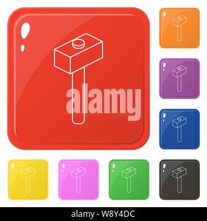 Line style hammer icons set 8 colors isolated on white. Collection of glossy square colorful buttons. Vector illustration for any design. Stock Vector