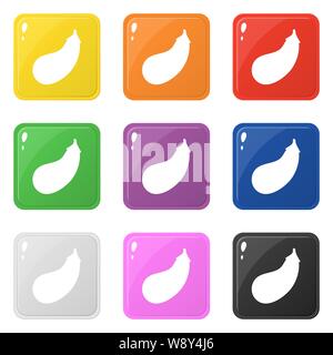 Eggplant icons set 9 colors isolated on white. Collection of glossy square colorful buttons. Vector illustration for any design. Stock Vector