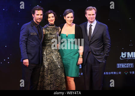 (From left) American actor Matthew McConaughey, actress Anne Hathaway, British film producer Emma Thommas and her film director husband Christopher No Stock Photo