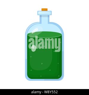 Magic potion in bottle with green liquid isolated on white background. Chemical or alchemy elixir. Vector illustration for any design. Stock Vector