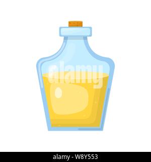 Magic potion in bottle with yellow liquid isolated on white background. Chemical or alchemy elixir. Vector illustration for any design. Stock Vector