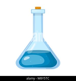 Magic potion in bottle with blue liquid isolated on white background. Chemical or alchemy elixir. Vector illustration for any design. Stock Vector