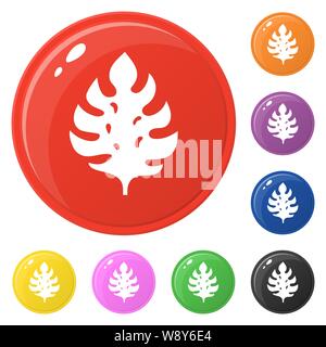 Monstera leaf icons set 8 colors isolated on white. Collection of glossy round colorful buttons. Vector illustration for any design. Stock Vector