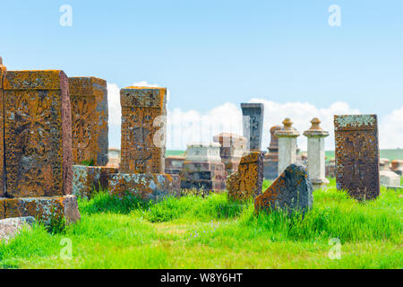 Ancient khachkars in the Armenian cemetery of Noratus in Armenia Stock Photo