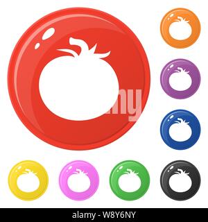 Tomato icons set 8 colors isolated on white. Collection of glossy round colorful buttons. Vector illustration for any design. Stock Vector
