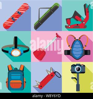Extreme snowboarding icon set. Flat set of 9 extreme snowboarding vector icons for web design isolated on white background Stock Vector