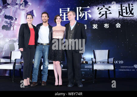 (From left) British film producer Emma Thommas, American actor Matthew McConaughey, actress Anne Hathaway and British film director Christopher Nolan Stock Photo