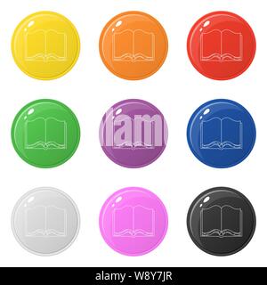 Line style open book icons set 9 colors isolated on white. Collection of glossy round colorful buttons. Vector illustration for any design. Stock Vector