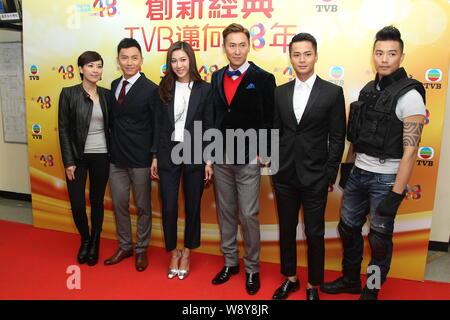 (From left) Hong Kong actress Mandy Wong, actor Benjamin Yuen, actress Linda Chung, actors Joe Ma Tak-chung, Law Chung-him and Quinn Ho Kwan-shing pos Stock Photo