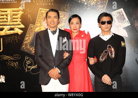 (From left) Hong Kong actor Chow Yun-fat, his wife Jasmine Tan and actor Nicholas Tse pose at a premiere for the new movie, From Vegas to Macau, also Stock Photo