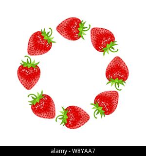 Wreath from 3d red strawberries with space for text. Realistic sweet food. Organic fruit. Vector illustration for any design. Stock Vector