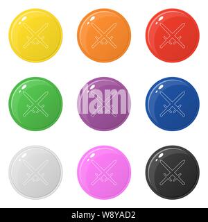 Line style sword weapon icons set 9 colors isolated on white. Collection of glossy round colorful buttons. Vector illustration for any design. Stock Vector