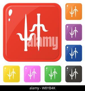 Sai weapon icons set 8 colors isolated on white. Collection of glossy square colorful buttons. Vector illustration for any design. Stock Vector