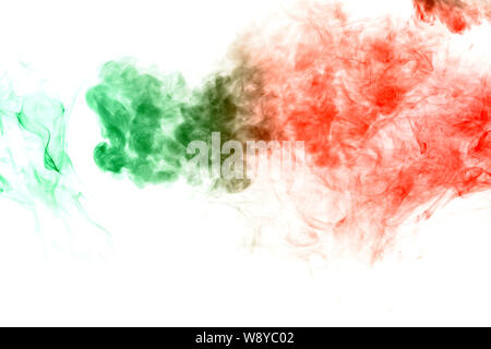 Column clouds of smoke and patterns texture of different forms of red and green colors with tongues of flame on a white isolated background. Print for Stock Photo