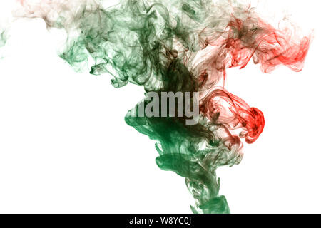 Column clouds of smoke and patterns texture of different forms of red and green colors with tongues of flame on a white isolated background. Print for Stock Photo