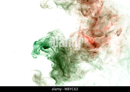 Column clouds of smoke and patterns texture of different forms of red and green colors with tongues of flame on a white isolated background. Print for Stock Photo