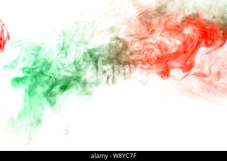 Column clouds of smoke and patterns texture of different forms of red and green colors with tongues of flame on a white isolated background. Print for Stock Photo