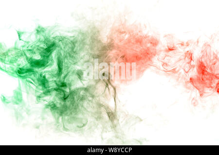 Column clouds of smoke and patterns texture of different forms of red and green colors with tongues of flame on a white isolated background. Print for Stock Photo