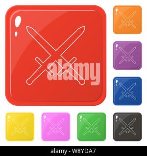 Line style sword weapon icons set 8 colors isolated on white. Collection of glossy square colorful buttons. Vector illustration for any design. Stock Vector