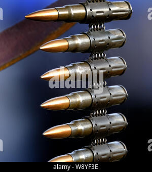 7.92 machine gun bullets in link for vintage MG 34 German machine gun. Stock Photo