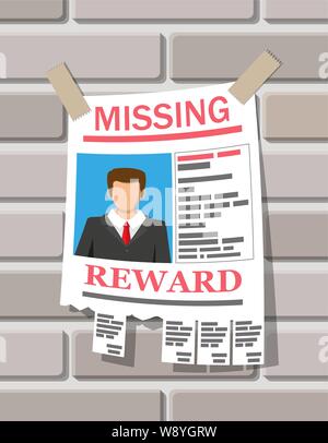 Wanted person paper poster. Missing announce Stock Vector