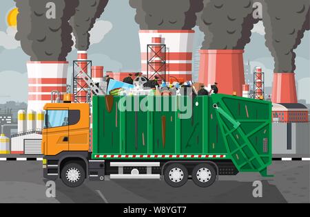 Plant smoking pipes. Garbage truck full of trash Stock Vector