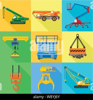 Industrial lift machine icon set. Flat set of 9 industrial lift machine vector icons for web design isolated on white background Stock Vector