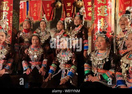 --FILE--Women of Dong ethnic minority sing at an event in Meilin Village, Sanjiang Dong Autonomous County, south Chinas Guangxi Zhuang Autonomous Regi Stock Photo