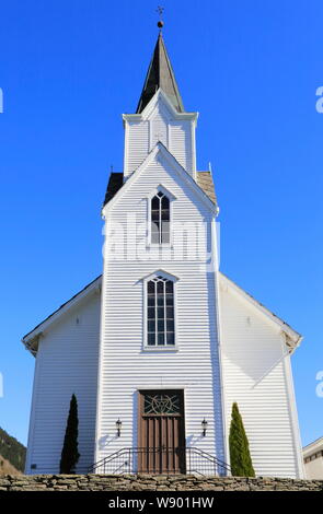 The front facade of the wooden church in Haus, on the island of Osterøy in Hordaland county, Norway. Stock Photo